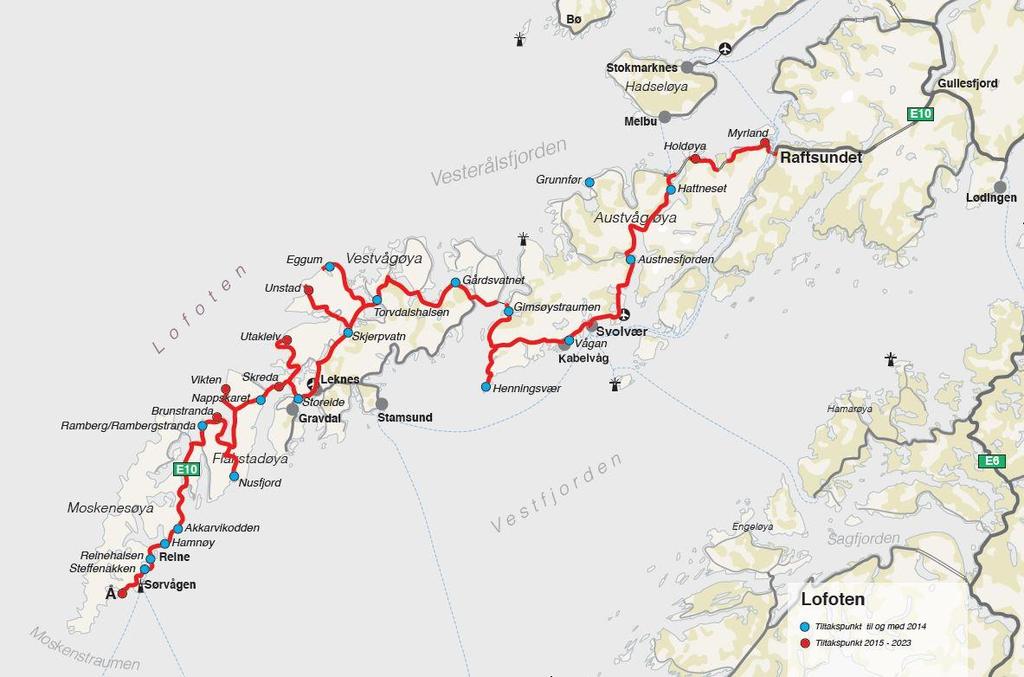 Syklistene oppfatter en sterk konkurranse om vegarealet, og høy risiko. Reiselivsorganisasjonen Destination Lofoten anbefaler derfor ikke sykling langs E10 i Lofoten.