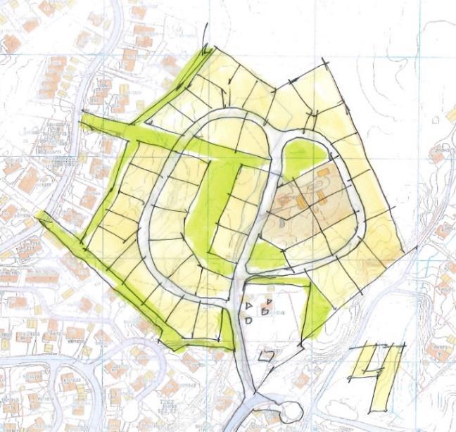 Tomtene, eller feltene, vil kunne romme både frittliggende og konsentrert bebyggelse 2.1 Arealbruk Planområdet byr på et variert terreng med mye fast fjell.