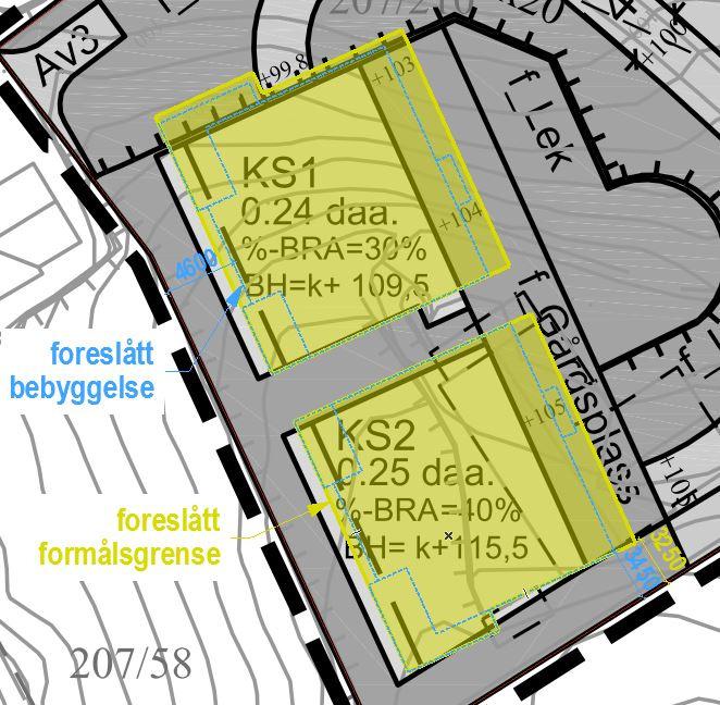 Foreslått endring: Byggegrense fjernes og bygget i sin helhet legges innenfor formålslinje. KS1 og KS2 flyttes i sin helhet 1,0 m lenger mot øst (inn på egen tomt).
