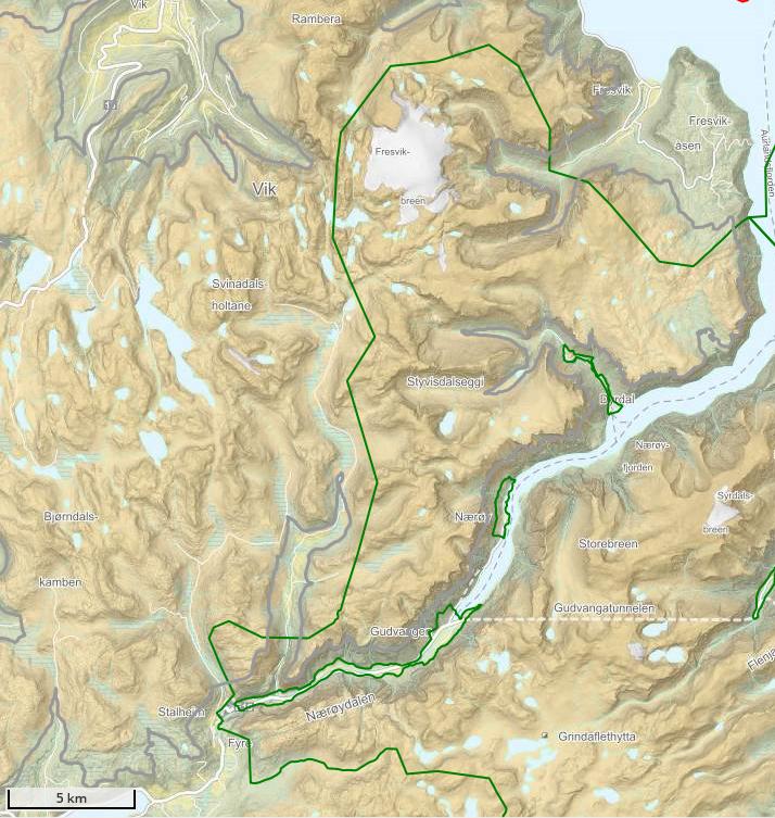Kart med Fjellheimen villreinområde i Nærøyfjorden landskapsvernområde.