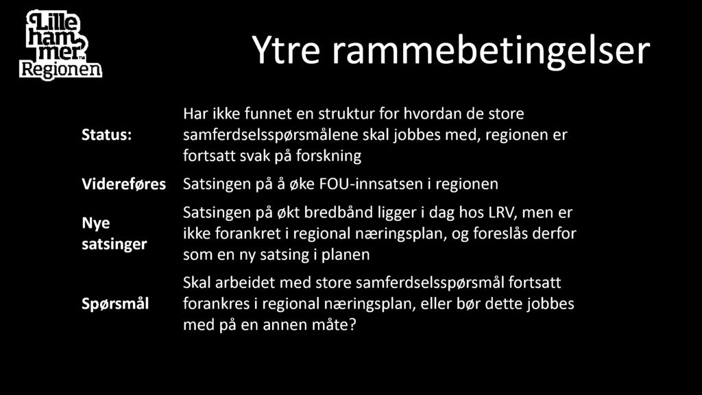 Ytre ra m m eb eti n gel ser Har ikke funnet en struktur for hvordan de store samferdselsspørsmålene skal jobbes med, regionen er fortsatt svak på forskning Videreføres Satsingen på å øke FOU -