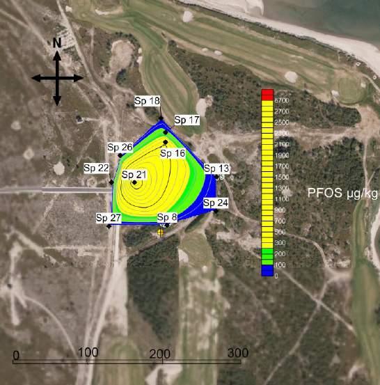 Figur 7-4. Viser interpolert PFOS-konsentrasjon i jord på og rundt BØF3 for dybde 0-0,3 meter under terreng.