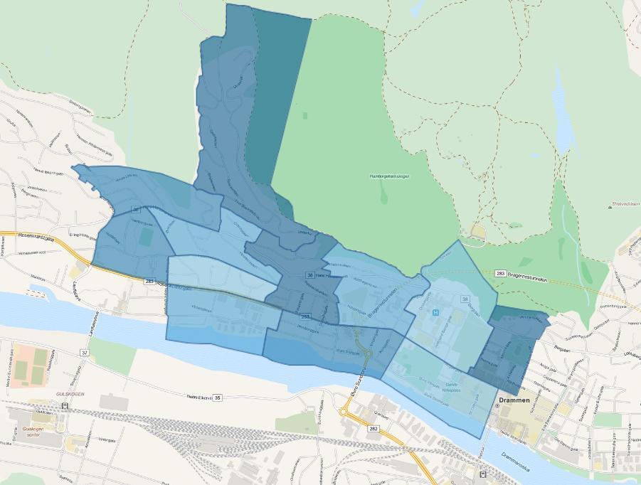 Antall personer Hamborgstrøm Mørk farge på grunnkrets gjenspeiler flere innbyggere Dekningsgrad heldøgnsomsorg Hamborgstrøm Uten Filten 2,% 9,5% Drammen totalt 19,2% Distrikt Personer over 8 år 454