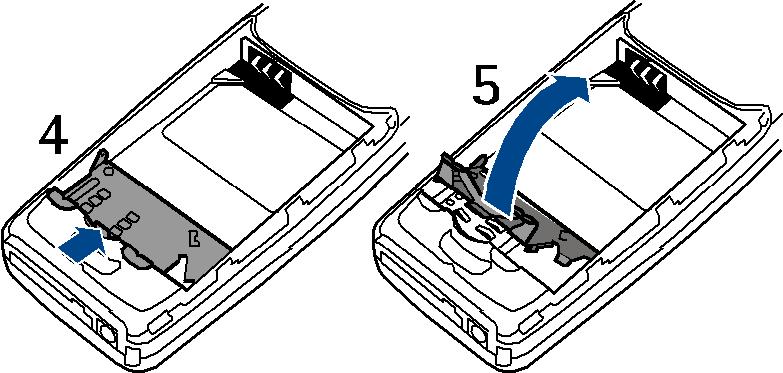 2. Løs ut SIM-kortholderen ved å dra forsiktig i låseklemmen for kortholderen (4), og åpne den