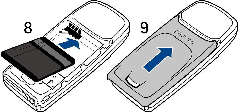 5. Sett batteriet på plass (8). 6. Skyv bakdekselet på plass (9). Komme i gang Lade batteriet 1. Koble kabelen fra laderen til kontakten nederst på telefonen. 2.