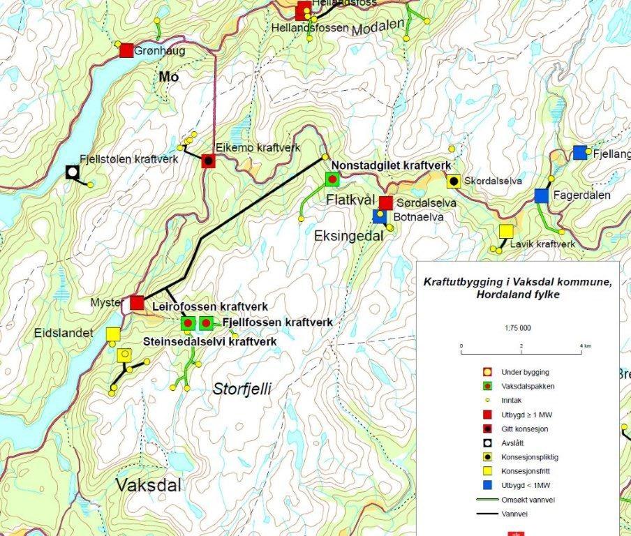 Bildetekst: kart over dei omsøkte a med grøn firkant. Også oversikt andre bygde anlegg i området. I Vaksdal kommune er alle dei store vassdraga kraftregulert.