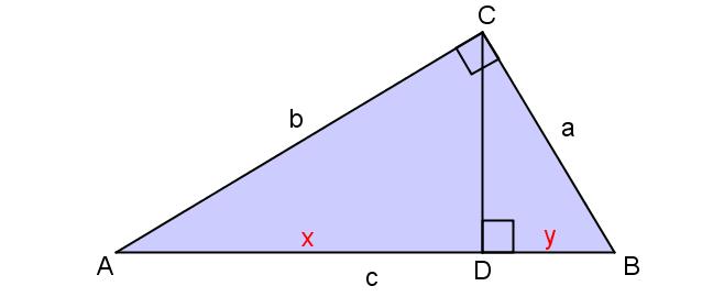 . Pytagoras setning.. Gitt en rettvinklet trekant ABC med sidelengder a, b og c. Normalen fra C treffer linjen gjennom AB i D. Sett AD x og BD y. Se figuren.