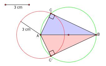 .4.6 En trekant ABC er gitt ved at AB 7,0 cm, ACB 90 og AC 3,0 cm. Konstruer trekanten. Løsning GeoGebra:. Avsatte linjestykket AB 7,0 cm.. Lar linjestykket AB være diameter i en sirkel (grønn sirkel).