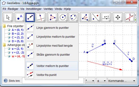 .6.6 Tegn to vektorer i GeoGebra. Summer vektorene. Skjermbildet viser et eksempel på hvordan du kan gå frem.