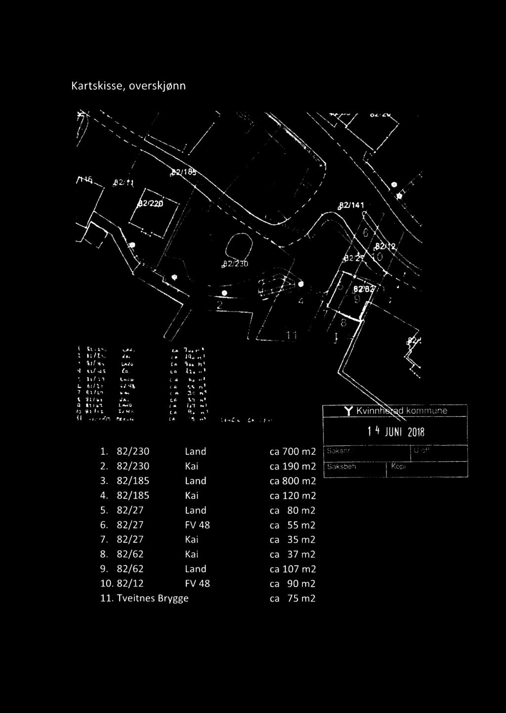 82/230 Land ca 700 m2 Saksnr-i U-Offi 2. 82/230 Kai ca 190 m2 Saksbeh.: Kop]. 3. 82/185 Land ca 800 m2 4. 82/185 Kai ca 120 m2 5.