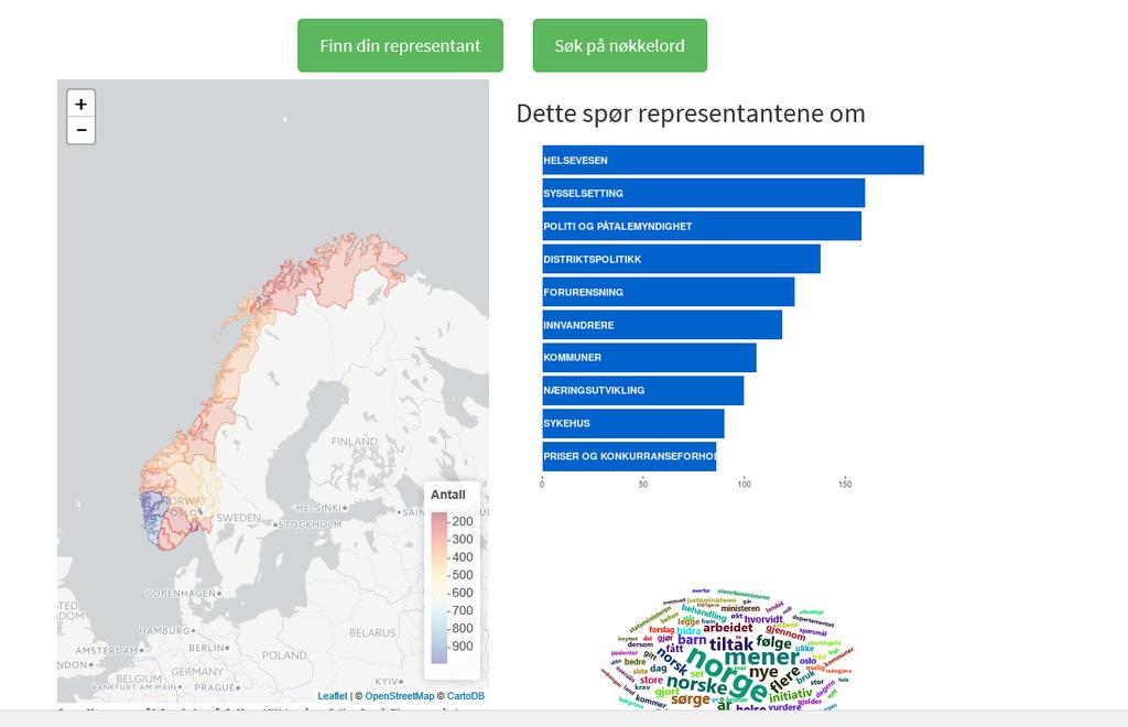 16 Eksempel på bruk av datatjenesten «Folk på Tinget», laget av utviklere fra Riksrevisjonen.