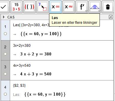 4x3y540 3y 4x 540 4 y x180 3 Så tegner vi grafen til hver av funksjonene. Skjæringspunktet 60,100 gir løsningen på likningssettet.