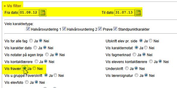 Trykk alltid på Vis filter for å bestemme hva du vil ha med på utskriften. 5.1 Karakterutskrifter med fravær 1. Gå til fanen Karakterer i Lærerweben 2.