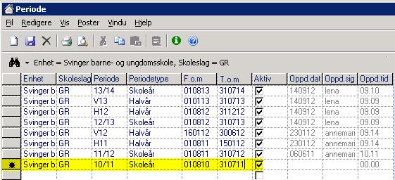 5. Klikk på hvitt ark på verktøylinja, eller CTRL + N, for å legge inn en ny rad i arket. 6. Fyll inn data for aktuell(e) periode(r): 7. Legg inn det antall perioder du mangler 8.