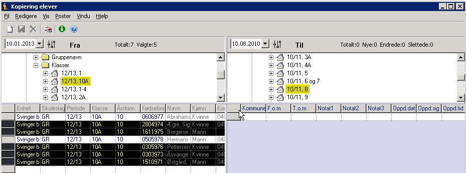 4. Åpne mappen Klasser for å se klassene på Til-siden 5. Merk navnet på klassen elevene skal gå i valgt skoleår 6. Trykk på knappen Kopier elever som du finner på verktøylinjen 7.