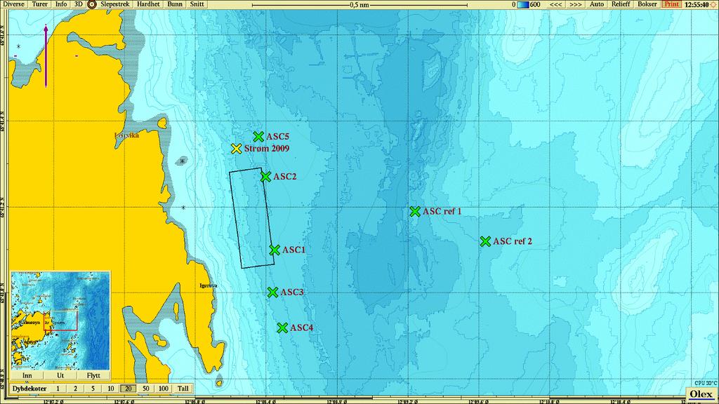 Vannstrømmen på 5 og 15 meters dyp ved Igerøy Ø går langs land, og på begge dyp har strømmen en hovedkomponent mot sør og en sekundærkomponent mot nord og går derfor rett igjennom hele anlegget