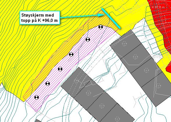 Utendørs oppholdsareal Det er mottatt underlag til endringer i terreng for foreløpige planer. Nytt terreng, inkludert støyvoll, er lagt inn i beregningsmodellen.