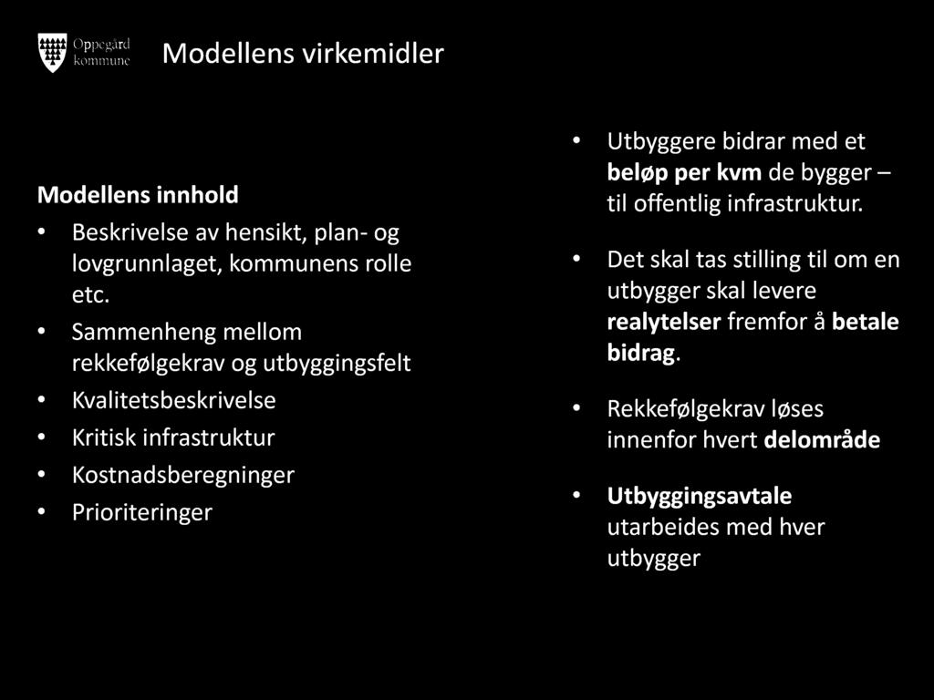 Modellens virkemidler Modellens innhold Beskrivelse av hensikt, plan - og lovgrunnlaget, kommunens rolle etc.