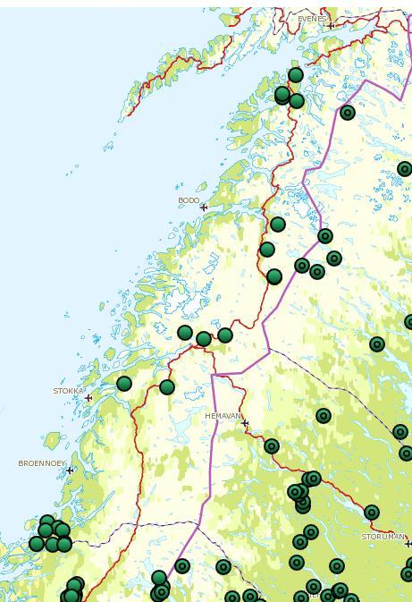 Side 5 av 6 Kart over påviste spor etter gaupefamilier vinteren 2016/2017 i Nordland og tilgrensende områder. Kilde: Rovbase.