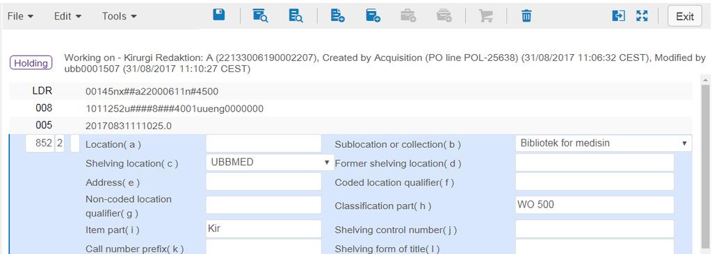 I Record View vises MARC-feltene på posten og en kan se om det er nødvendig å korrigere/supplere bibliografiske data eller emnedata.