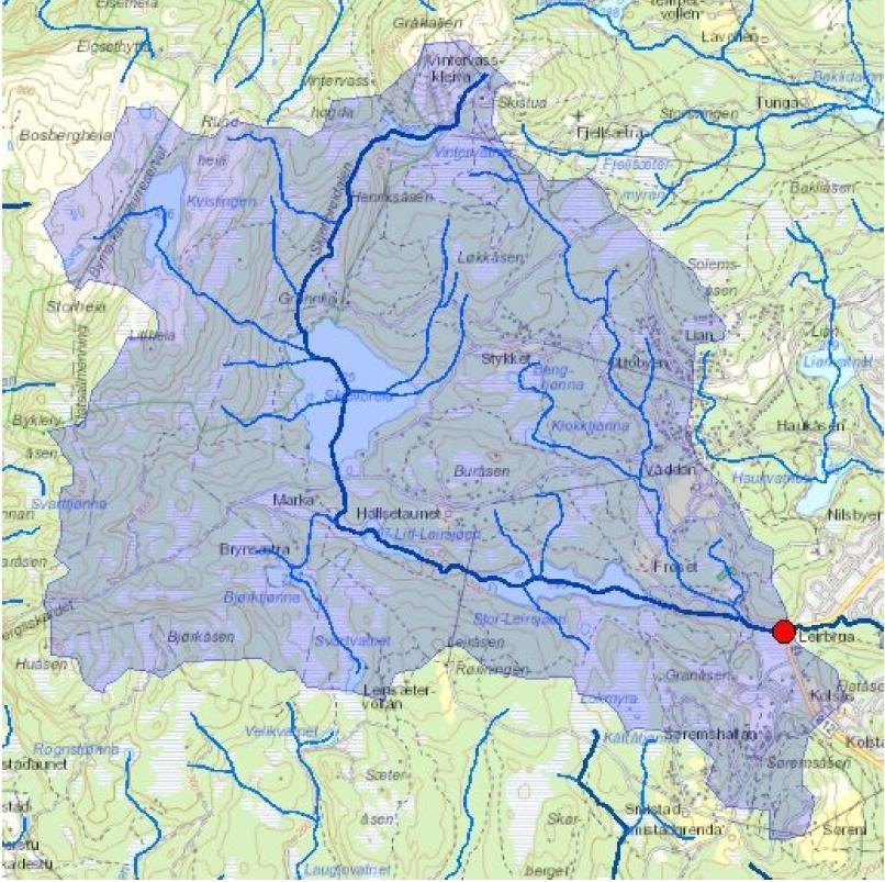 2 Dagens situasjon Leirelva ved Leirbrua drenerer et område på ca 22 km2 og renner gjennom en kulvert under Kongsvegen. Den aktuelle delen av nedbørsfeltet er vist på figur 1.