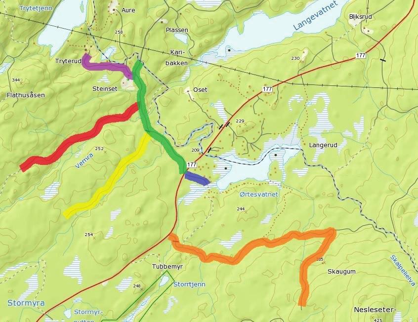 53 54 52 51 50 49 49: Skaugumvegen 50: Ørtesvatnet 51: Brennbråtan 52: Vemravegen 53: Tryterud 54: Havikveien Kommunal vei som tar av fra fv.