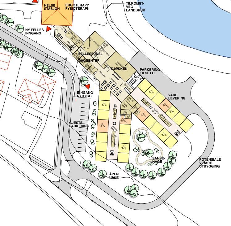 Figur 4.3. Utklipp frå illustrasjonsplan for nybygget til omsorgssenteret som syner parkeringsplassar med meir.