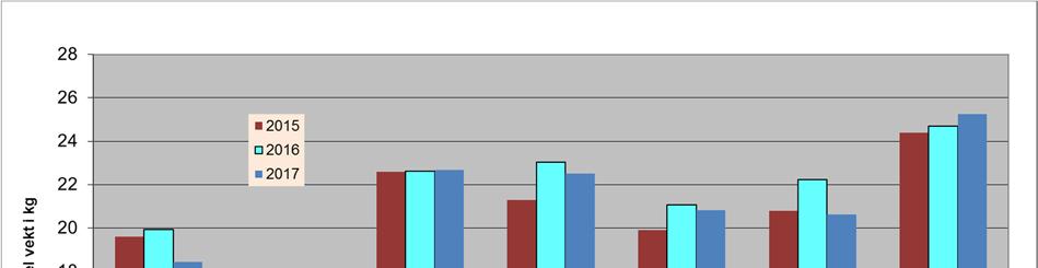 Middelvekta i 2015 sesongen var 19,0 kg, i 2016 19,9 kg og hittil i 2017 (utgangen av