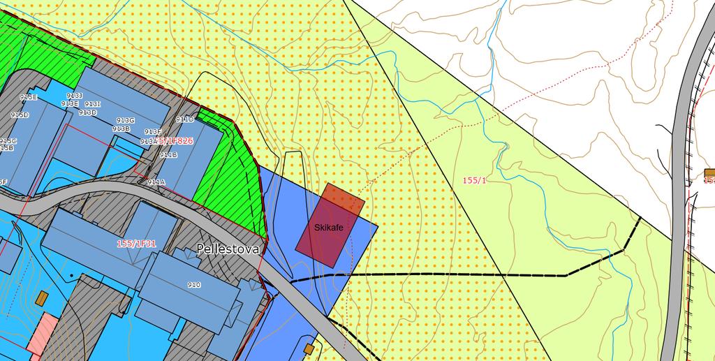 Utsnitt av reguleringsplan, og Kommunedelplan, samt foreslått plassering av skikafé Endringen det søkes dispensasjon for er en del av en større reguleringsprosess som er igangsatt.