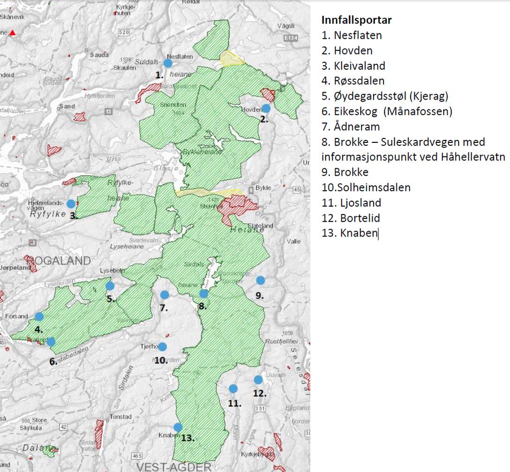 Kart med oversikt over dei 13 utvalde innfallsportane Brokke Suleskardvegen med informasjonspunkt ved Håhellervatn Flytting av Øyuvsbu turisthytte og omlegging av løypenettet aust for