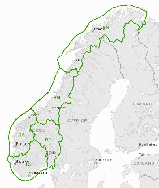 2.2 Antagelser og definisjoner For å gi en god og enkel fremstilling av geografiske forskjeller i landet ble alle konsesjonsområder fordelt inn i fem ulike regioner; nord, midt, vest, sør og øst.