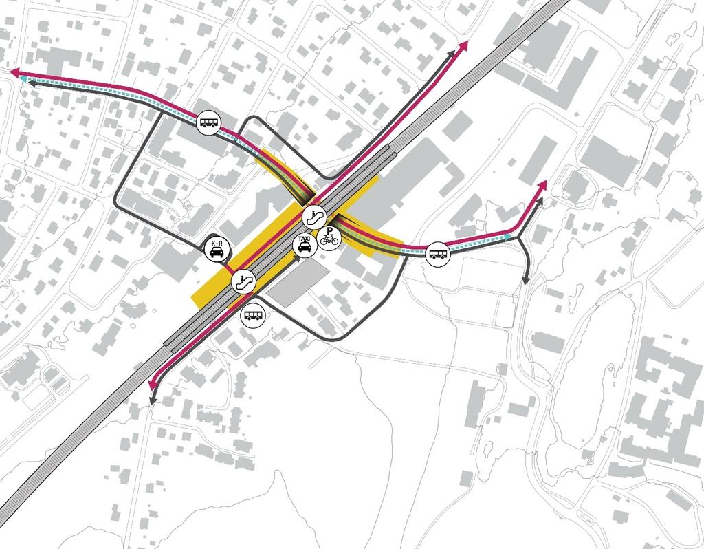 4 STOKKE STASJON Stokke stasjon oppsummert: 4.1 Stasjonsområdet ligger på terreng, og tverrgående forbindelseslinjer for alle trafikantgrupper må over eller under sporene.
