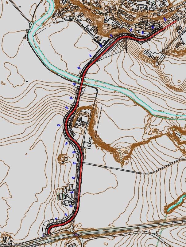 Alt.2: Traseen krysser Levangerelva like øst for gs-brua. Videre ligger linja vest for de 2 bolighusene og verksted. På den siste strekningene fram til fv.