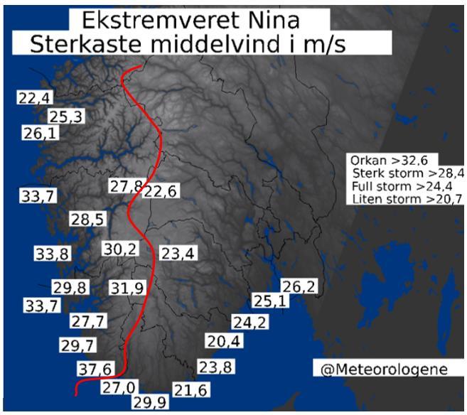Oppgave 4 (4 poeng) Figuren ovenfor viser sterkeste middelvind ulike steder i Sør-Norge under ekstremværet «Nina» i januar 015. Vi lar den røde streken være skillet mellom Vestlandet og Sør-Østlandet.