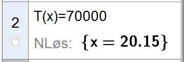 Regner i CAS i GeoGebra: Det årlige terminbeløpet blir 70361 kroner dersom jeg vil betale tilbake lånet på 0 år.