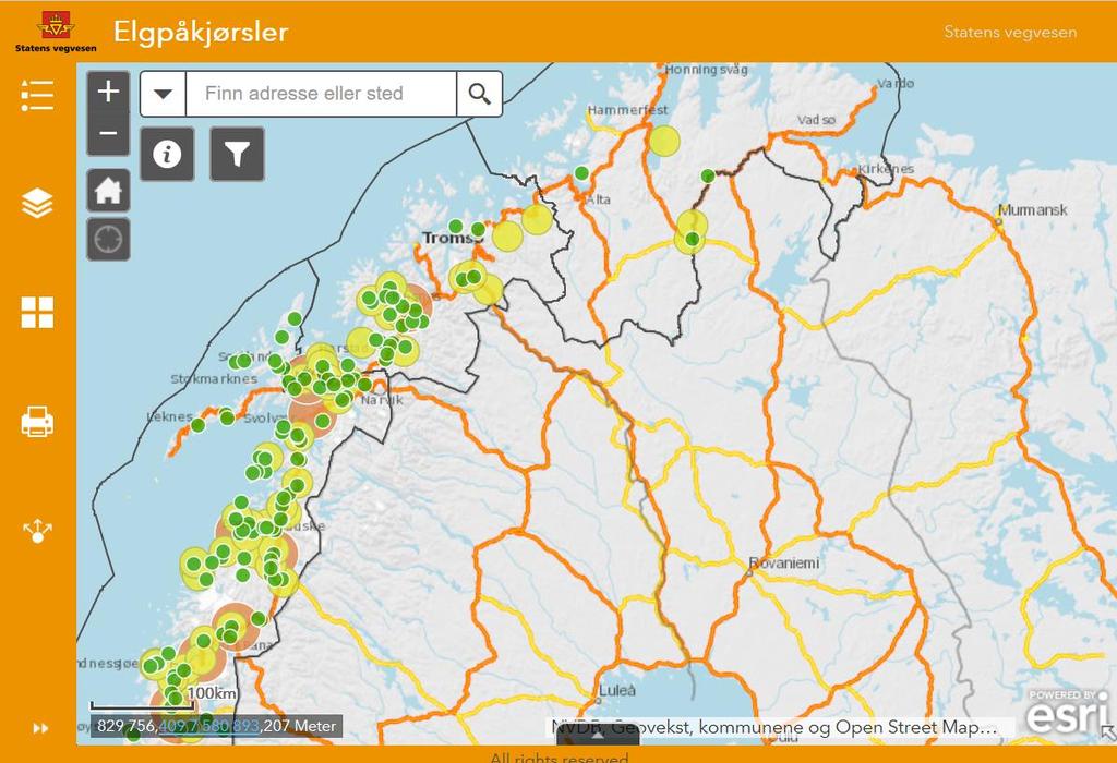 Kart som viser hotspots, ulykker i HVR og skiltplassering Gjelder hele landet for alle ville