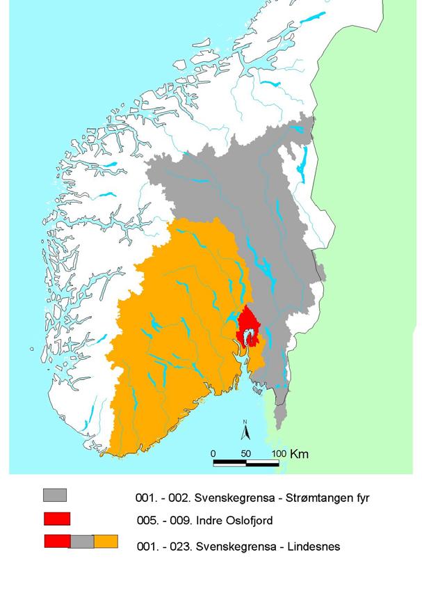 Figur 1. Avrenningsområdet til Skagerrakkysten med angivelse av vassdragsnummer Figur 1 viser nedbørfeltet som drenerer til Skagerrakkysten, dvs.