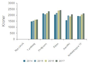 Prioritet - Netto driftsutgifter for kultursektoren per innbygger i kroner Nye Larvik Tønsberg 1 455 1 521 1 602 1 613 Porsgrunn 2 136 2 052 2 149 2 299 Skien 2 023 2 159 2 359 2 404 Arendal 1 563 1