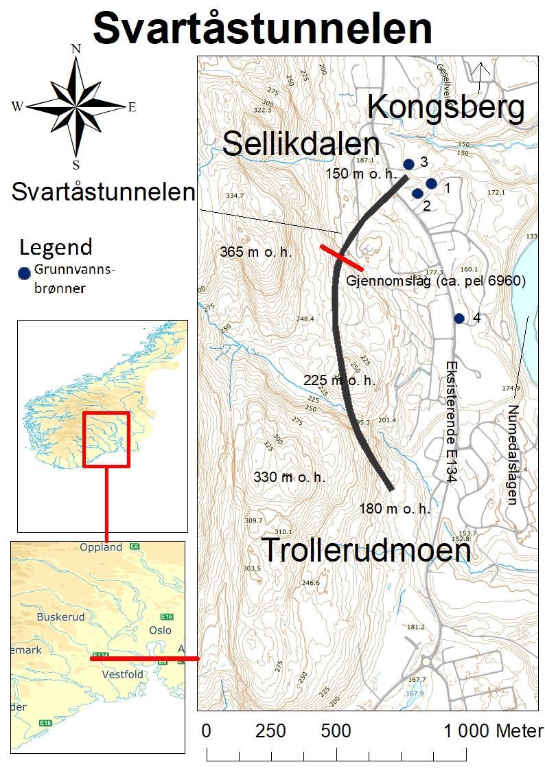 Studieområdet Svartåstunnelen i Kongsberg Figur 3.1 Lokalisering av Svartåstunnelen med Sellikdalen i nord og Trollerudmoen i Sør.