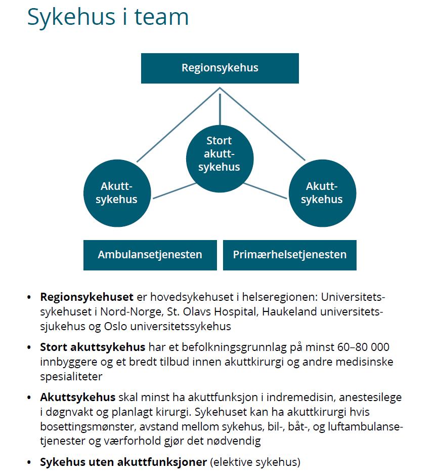 Dette innebærer at ulike sykehus kan ha ulike funksjoner og at sykehusene løser oppgaver sammen ved å dele kompetanse.