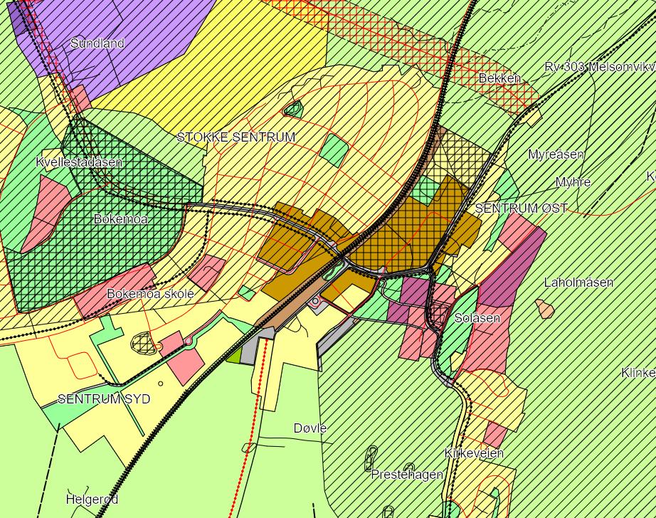 Figur 4-5 Utsnitt av kommuneplankartet for Stokke sentrum. Det mørkebrune området er avsatt til sentrumsutvikling (sentrum øst). 4.1.