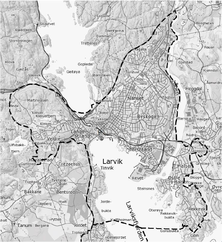 4.4.2.2 Kommunedelplan 2015-2027 Larvik by Planavgrensning for kommunedelplan Larvik by er vist i Figur 4-14.