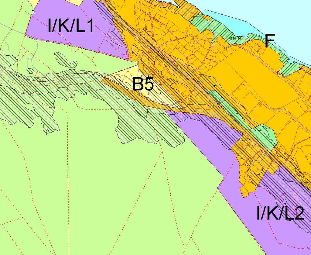 Forholdet til eksisterende kommuneplan Området er i gjeldende kommuneplan avsatt som LNF, og ligger delvis innenfor støysone for E39.