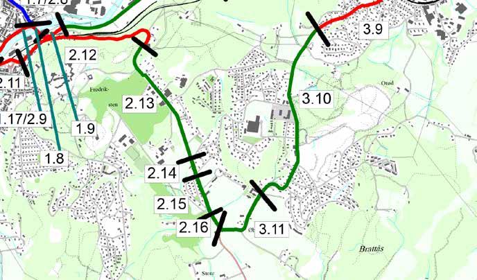 Tilrettelagt Delvis tilrettelagt Ikke tilrettelagt Kryss med tiltaksbehov Kryss uten tiltaksbehov Overgang mellom lenkene Figur 34: Rute 2, del 3 av 3, mellom Sentrum og Øberg Lenke Fra til Vegnr.