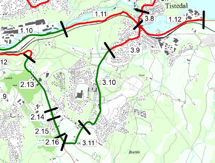 Tilrettelagt Delvis tilrettelagt Ikke tilrettelagt Kryss med tiltaksbehov Kryss uten tiltaksbehov Overgang mellom lenkene Figur 46: Rute 3, del 3 av 3, mellom Tistedal og Øberg Lenke Fra til Vegnr.