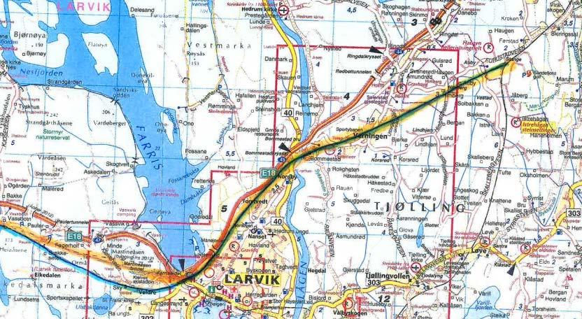 Figur 2-2 velforeningenes forslag til jernbanetrase. Utsnitt av tegning som fulgte brev datert 1.desember 2017. 2.2 Vurdering av mulig stasjonsplassering på Bergeløkka 2.2.1 Mulig trasé NOAV har vist trasé som gir en mulig stasjonsplassering oppe på Bergeløkkaplatået, se Figur 2-3.