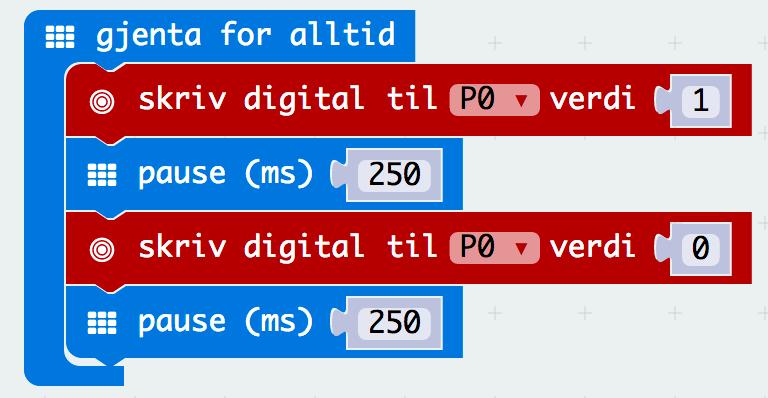 Slå på spenningen til pin 0 Vent et kvart sekund Slå av spenningen til pin 0 Vent et kvart sekund før vi starter på toppen igjen Figur 10 Vi programmerer micro:bit til å blinke lysdioden Når vi