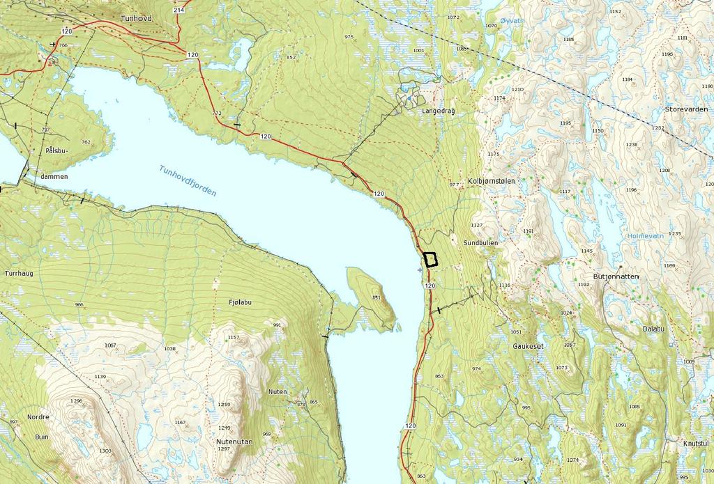 Planbeskrivelse 4.1 Områdeavgrensning og lokalisering. Planområdet ligger mellom cote 755 og cote 780 langs Fv. 120, Tunhovdveien, i Nore og Uvdal kommune. Figur 3.