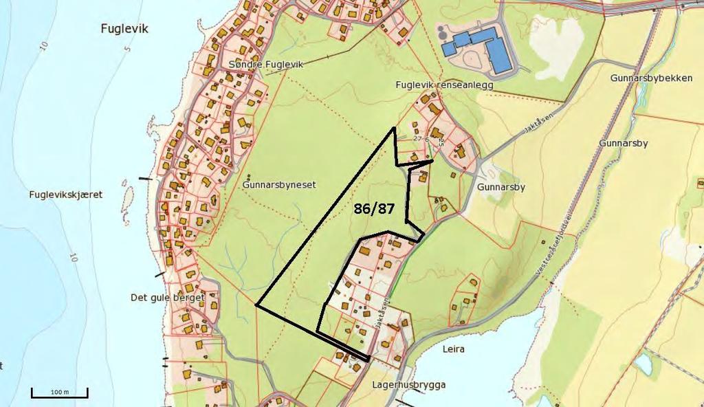 Illustrasjon 2: Eiendommen 86/87, Gunnarsby, ligger i skogholtet nær boligene i Jaktveien. Området er i dag avsatt til LNF med spredt bebyggelse i gjeldende kommuneplan.