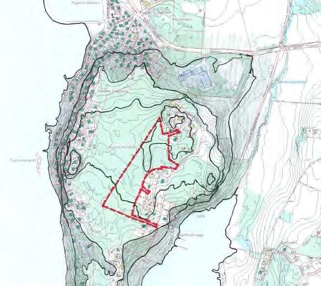 Illustrasjon 4: Kart som viser terrengformer. Kote 0-10 er vist med mørkere grå farge. Området som foreslås utbygget er vist med rød stiplet linje.